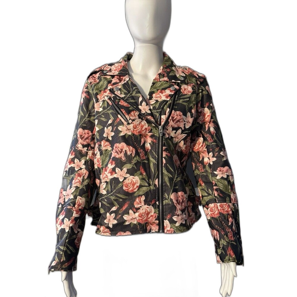 Colleen Lopez Moto Jacket Dark Romance Roses Floral Faux Vegan Leather Zip SZ L